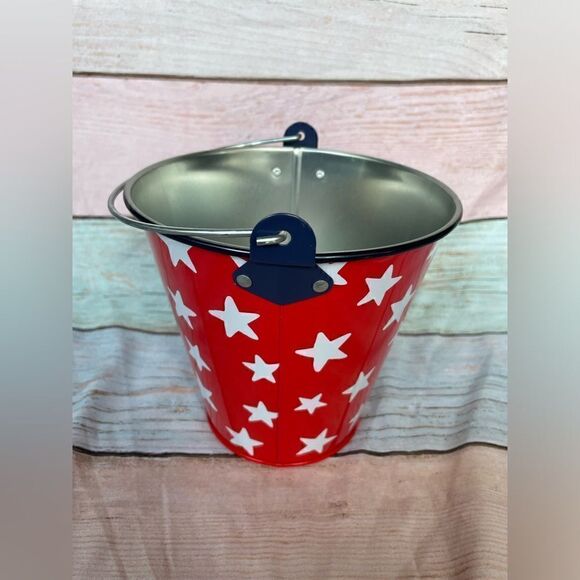 NEW! Small Red Tin Bucket With Stars! 4th of July Decor - Picture 3 of 8